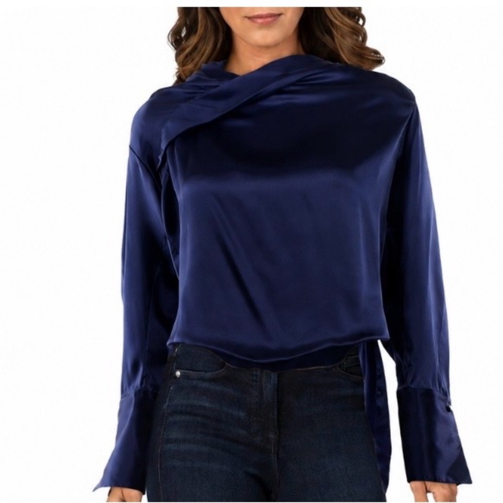 HELLESSY size 6 Stella Asymmetrical 100% Silk Draped Blouse 4” cuffs Navy $890 - Picture 3 of 11